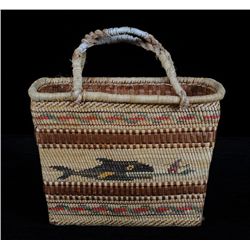 Nuu-chah-nulth Double Woven Gathering Basket with Eagle, Whale and Ucluelet Design 12 3/4" L. 7" W. 