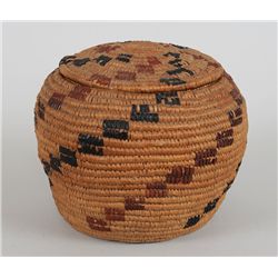 Lillooet Coiled Dome Top Basket with Imbricated Design 9" D. 7 1/2" H.  Good Condition