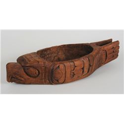 Northwest Coast Carved Hawk Bowl ca. 1950's Signed On Bottom 14" L. 5 1/2" W.