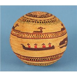 Nuu-chah-nulth Basketry Covered Glass Float with Whale, Bird and Canoe Design 4 1/2" D. - Phil Thiem