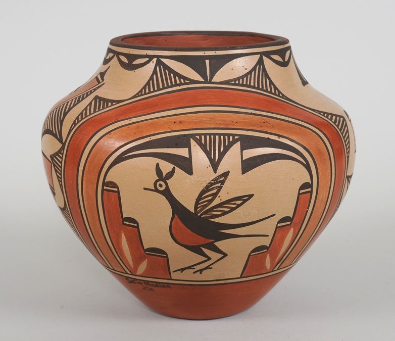 Zia Pueblo Pottery Jar with Rainbows, Clouds and Roadrunner Design by