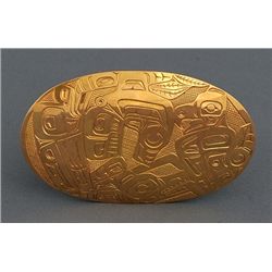 18K Gold Brooch/Pendant with Incised Whale, Thunderbird and Bear Design 38.4 GMS 2 x 3  Marked RS Pr