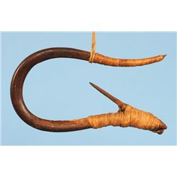 19TH C. Northwest Coast Yew Wood Fishing Hook with Bite Marks 9 1/2" L. 3 1/4" W.  Good Condition