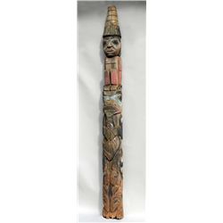 19TH C. Tlingit Totem Carved with Watchman, Bear with Halibut and Two Salmon at the Bottom with Orig