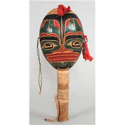 Rare 19TH C. Northwest Coast Dance Rattle Carved and Painted Differently On Each Side 12 1/2" H. 5" 