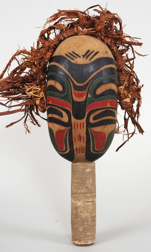 19TH C. Northwest Coast Dance Rattle with Cedar Bark Trim and Different ...