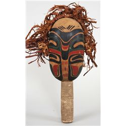 19TH C. Northwest Coast Dance Rattle with Cedar Bark Trim and Different Painted Design on Each Side 