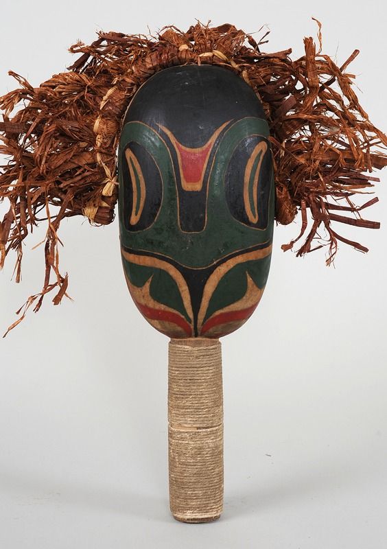 19TH C. Northwest Coast Dance Rattle with Cedar Bark Trim and Different ...
