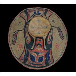 19TH C. Haida Spruce Root Basketry Hat with Painted Design 15" D. 8" H.  Good Condition with Minor R