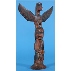 Very Early Charlie James Totem Carved with Eagle and Shaman Holding a Seal, Fine Aged Patina 14" H. 
