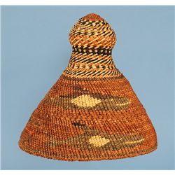 Nuu-chah-nulth Basketry Hat with Whale Design - Phil Thiemer Collection 10 3/4" D. 11 1/2" H.  Good 