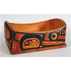 Bent Wood Feast Bowl with Painted Design by Glen Rabina '81  20" L. 14" W. 9" H.  Good Condition
