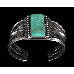 Navajo Silver Bracelet, Triangular Stamped and Flat Wire Band with One Elongated Green Ajax Turquois