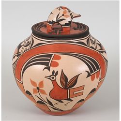 Zia Pueblo Pottery Olla with Turtle Lid and Roadrunner, Floral Design by Elizabeth Medina 10 1/2" D.