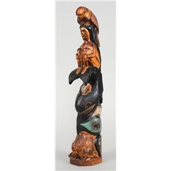 Tlingit Carved Totem of Seawoman with a Bird On Her Head, Killer Whale and Raven - Yellow Cedar, Sig