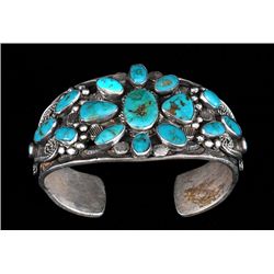 Navajo Hand Hammered Silver Ingot and Blue Gem Turquoise Bracelet ca. 1950's 97 GMS 6" L. 1 1/2" W. 