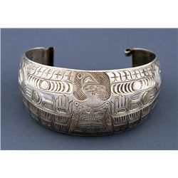 Northwest Coast Silver Bracelet Watchband with Carved and Incised Thunderbird and Sisiutl Design, Si
