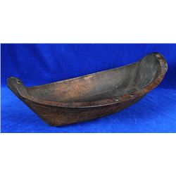 Early 19TH C. Kwakiutl Feast Bowl - Brass Tacked, Canoe Shaped, Signed W J  22 7/8" L. 11 3/4" W. 7"