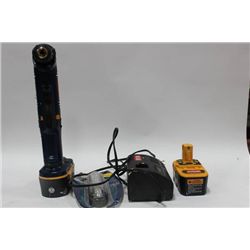 BOX W/ RYOBI DRILL, LED TAP LIGHT, ETC.