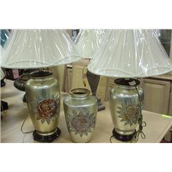 PAIR OF SUNFACED DESIGNER LAMPS W/ MATCHING VASE