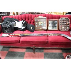 VINTAGE WOOD CARVED RED FABRIC SOFA