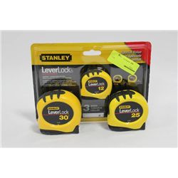 PK OF 3 STANLEY LEVER LOCK TAPE MEASURES