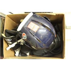BOX OF HOCKEY EQUIPMENT