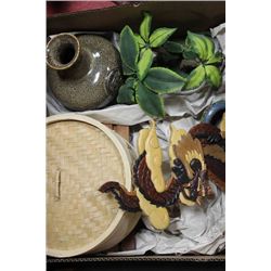 BOX W/ DIM SUM COOKER, VASE, WOOD CARVING, ETC.