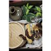 Image 1 : BOX W/ DIM SUM COOKER, VASE, WOOD CARVING, ETC.