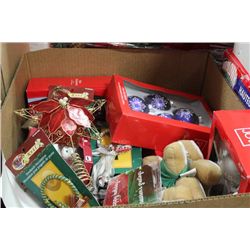 BOX W/ CHRISTMAS TREE ORNAMENTS & DECORATIONS