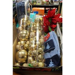 BOX W/ GOLD CHRISTMAS TREE DECORATIONS, LIGHTS,