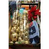 Image 1 : BOX W/ GOLD CHRISTMAS TREE DECORATIONS, LIGHTS,