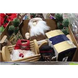 BOX W/ CHRISTMAS DECORATIONS: SANTA WREATH,
