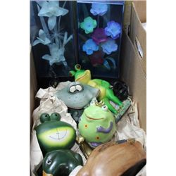 BOX W/ FROGS, PIGGY BANK, DUCK ORNAMENTS, ETC.