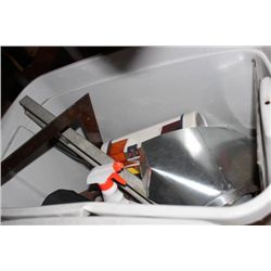 WHITE BIN W/ CARPENTRY & DRYWALL TOOLS
