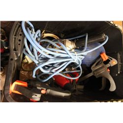 BLACK BIN W/ JIG SAW, TROUBLE LIGHT, GLUE GUN,