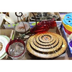 CARVED WALL PLATES, TWO GLASSES & CANDLE HOLDER