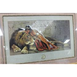 EGYPTIAN WOOD FRAMED WOMAN W/ LION PICTURE