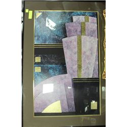 ABSTRACT WOOD FRAMED PICTURE W/ GOLD LEAF 27" X40"