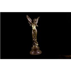 20"x8" Signed French Large Charming Angel Standing on Rock Bronze Marble Sculpture Deco   15 LBS.