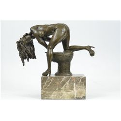 12"x11" Signed Abstract Modern Art Nude Girl On Toilette Bronze Sculpture Marble Statue   15 LBS.