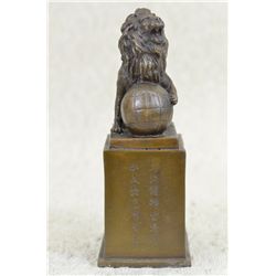 6"x3" Vintage Casting Lion On Ball Bronze Sculpture Marble Statue Figurine Figure   3 LBS.