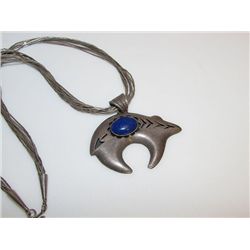 Native American Navajo Sterling Silver Lapis Bear Necklace