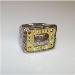 Art Deco Style Sterling Silver Enamel Ring Sz 7