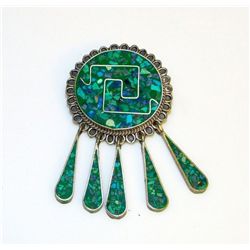 Mexican Taxco Sterling Silver Malachite Inlay Brooch