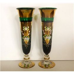 Bohemian Emerald Green Hand Decorated Champagne Glasses