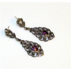 Sterling Silver Filigree Marcasite Amethyst Earrings