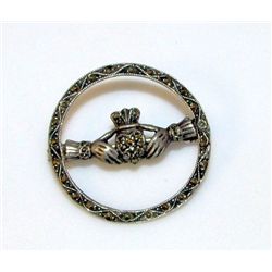 Sterling Silver Marcasite Irish Claddagh Brooch