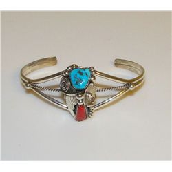 Navajo Sterling Silver Turquoise Coral Cuff Bracelet