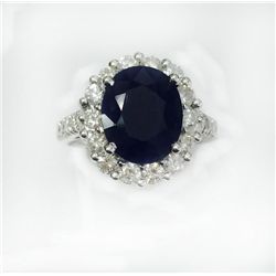 BLUE SAPPHIRE OVAL 4.57CT, GLS 9350  14K W/G RING 6.79GRAM / DIAMOND RD 1.12CT